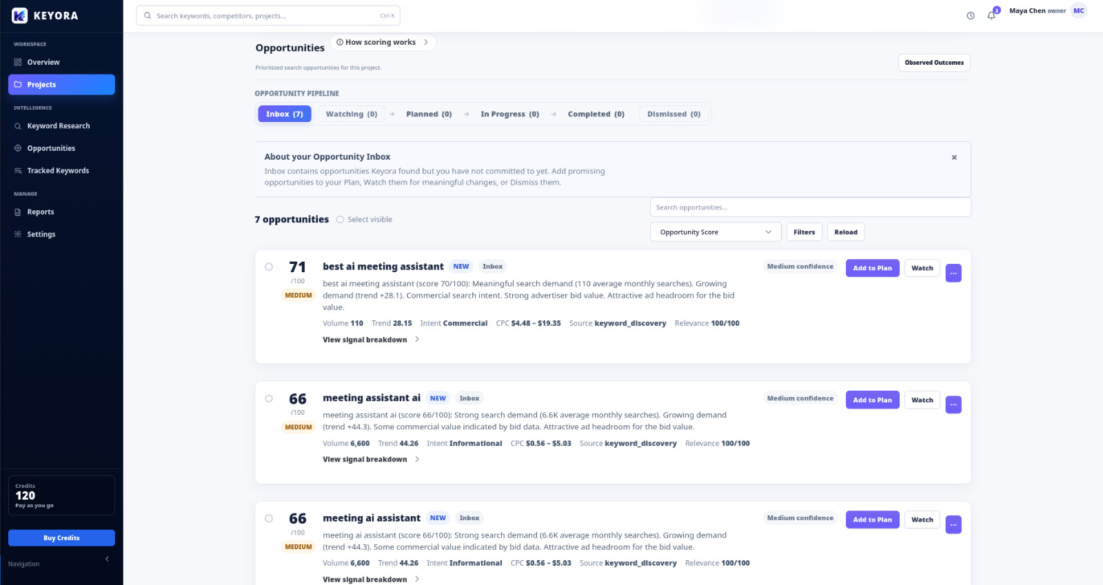 Keyora Opportunity Inbox showing pipeline stages, scored opportunities, filters and workflow actions